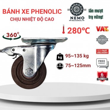 Bánh xe chịu nhiệt, mặt bích & cọc vít M12, D75mm - D125mm, chịu nhiệt 280°C, tải 95-135kg