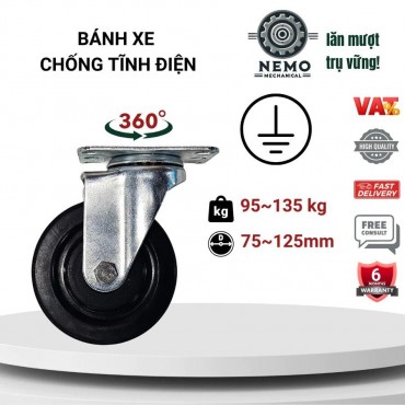 Bánh xe chống tĩnh điện, mặt bích & cọc vít M12, D75mm - D125mm, tải 95-135kg