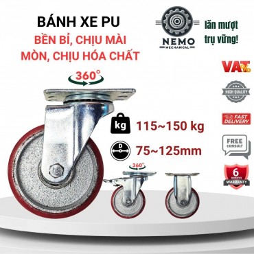Bánh xe đẩy hàng PU lõi gang, bền bỉ, chịu hóa chất, 7cm, 10cm, 12cm, 115-150kg