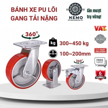Bánh xe PU gang tải nặng, mặt bích, chất liệu bền bỉ, D100mm - 200mm, tải 300 – 450kg