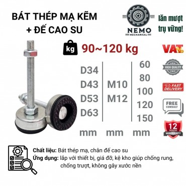 Chân tăng chỉnh đế cao su chống rung, D34-D63, tải trọng 90-120kg, bulong M10-M12