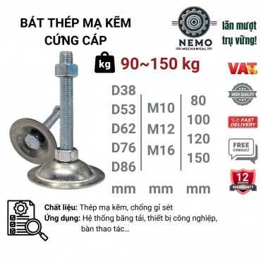 Chân tăng chỉnh đế thép, M10-M16, bulong 60mm-150mm tải 90kg-150kg cho giá kệ, bàn thao tác