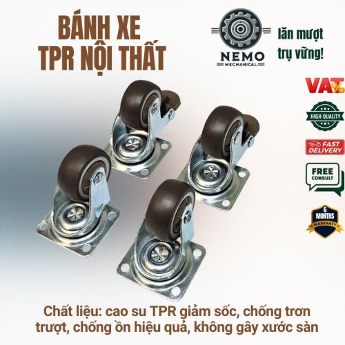 Bánh xe TPR nội thất, có ổ bi, gắn đồ nội thất, xe chòi chân trẻ em tải dưới 100kg