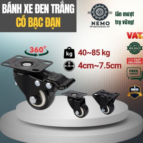 Bánh xe đẩy hàng đen trắng, mặt bích, có bạc đạn, đk bánh 4cm và 5cm, tải trọng 40-50kg/1bánh