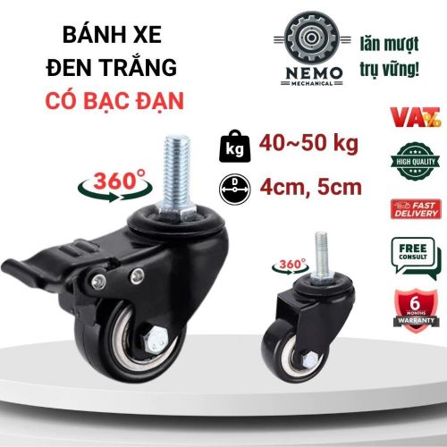 Bánh xe đẩy hàng đen trắng, loại cọc vít, có bạc đạn, đường kính bánh 4cm và 5cm, 40-50kg/1bánh
