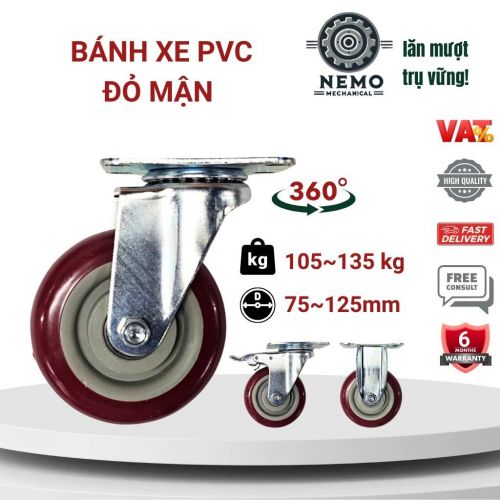 Bánh xe đẩy hàng PVC đỏ mận, mặt bích, có bạc đạn, đường kính 7cm, 10cm, 12cm, tải trọng 105-135kg