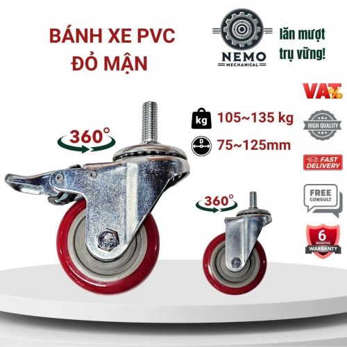 Bánh xe đẩy hàng PVC đỏ mận, cọc vít, có bạc đạn, đường kính 7cm, 10cm, 12cm, 105-135kg /bánh