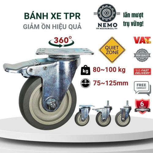 Bánh xe cao su TPR, giảm ồn hiệu quả dùng cho thiết bị y tế, nội thất di động tải trọng 80-100kg