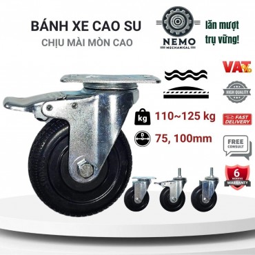 Bánh xe cao su chịu mài mòn cao, có vân bám đường, rất phù hợp cho bề mặt đường thô ráp, ghồ ghề