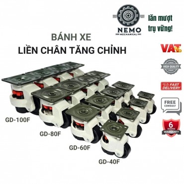 Bánh xe liền chân tăng chỉnh độ cao/thấp cho thiết bị y tế, bàn máy, tủ điện, tải trọng 50-750kg