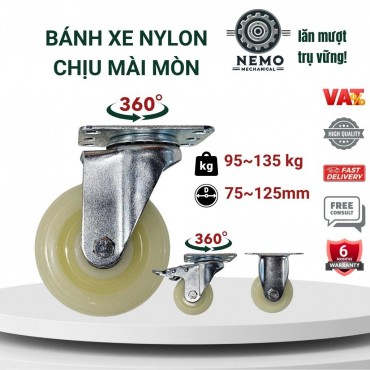 Bánh xe đẩy hàng nylon, mặt bích, cọc vít, chịu hóa chất, 7cm, 10cm, 12cm: