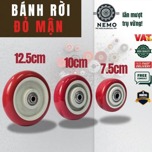 Bánh Xe Rời Đỏ Mận (Nhựa PVC) - Có Bạc Đạn, Chịu Tải Cao (D75, D100, D125)