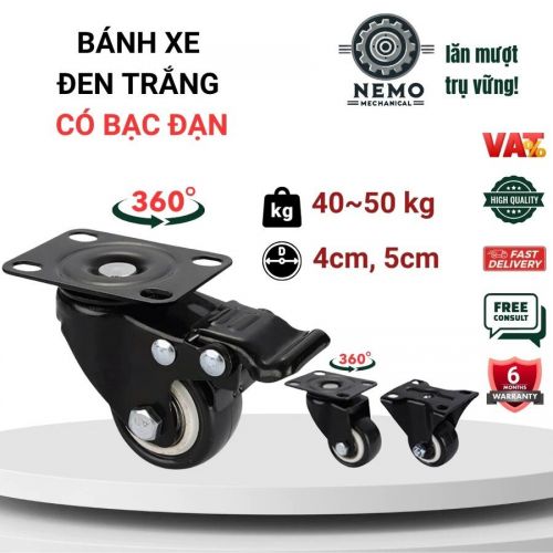 Bánh xe đẩy hàng đen trắng, mặt bích, có bạc đạn, đk bánh 4cm và 5cm, tải trọng 40-50kg/1bánh