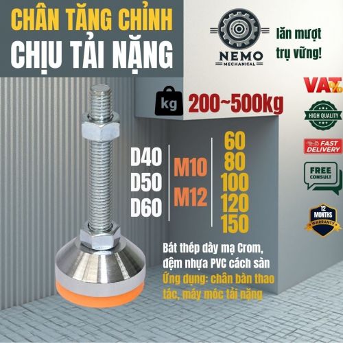 Chân Tăng Chỉnh Chịu Tải Nặng – Bát Thép Mạ Crom, Chịu Lực 1.5 Tấn (M10, M12)