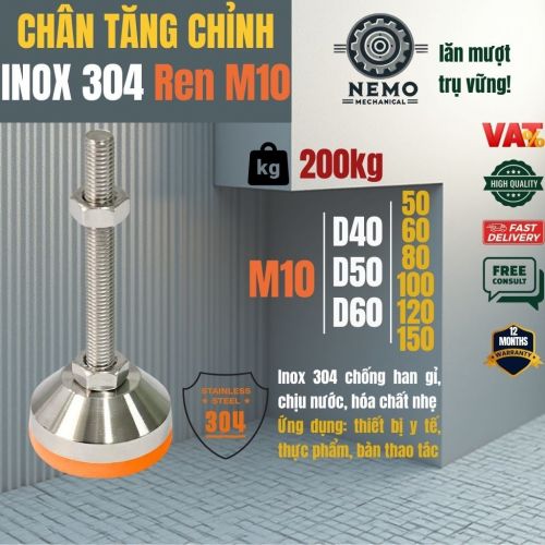 Chân Tăng Chỉnh Inox 304 Ren M10 – Chống Gỉ Tuyệt Đối, Đế Bát Dày Chịu Tải Nặng