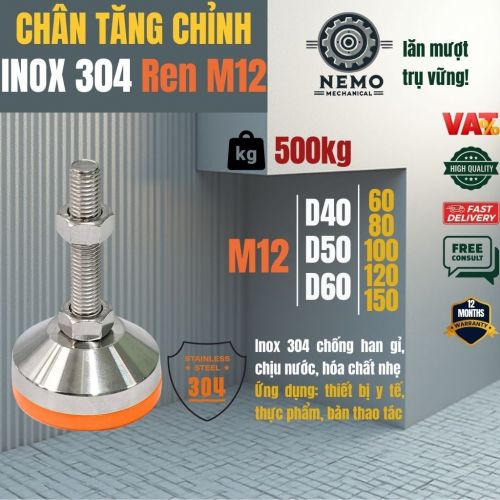 Chân Tăng Chỉnh Inox 304 Ren M12 – Đế Bát Dày Chịu Tải Nặng 500kg, Chống Ăn Mòn Vĩnh Cửu