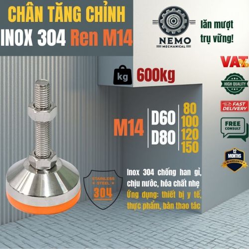 Chân Tăng Chỉnh Inox 304 Ren M14 – Đế Bát Dày Chịu Tải Siêu Nặng 600kg, Chống Ăn Mòn Tuyệt Đối
