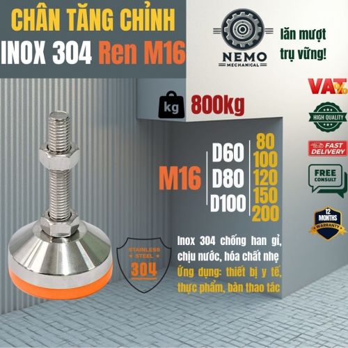 Chân Tăng Chỉnh Inox 304 Ren M16 – Đế Bát Dày Chịu Tải Siêu Nặng 800kg, Chống Ăn Mòn Tuyệt Đối