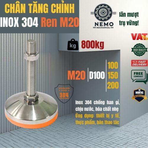 Chân Tăng Chỉnh Inox 304 Ren M20 – Đế Bát Dày 100mm, Chịu Tải Siêu Nặng 1 Tấn/Chiếc