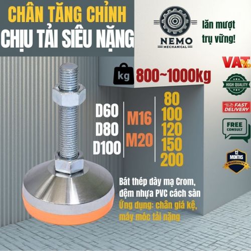 Chân Tăng Chỉnh Chịu Tải Siêu Nặng – Hệ Bulong M16/M20, Chịu Tải 3 Tấn (Bát Thép Mạ Crom)