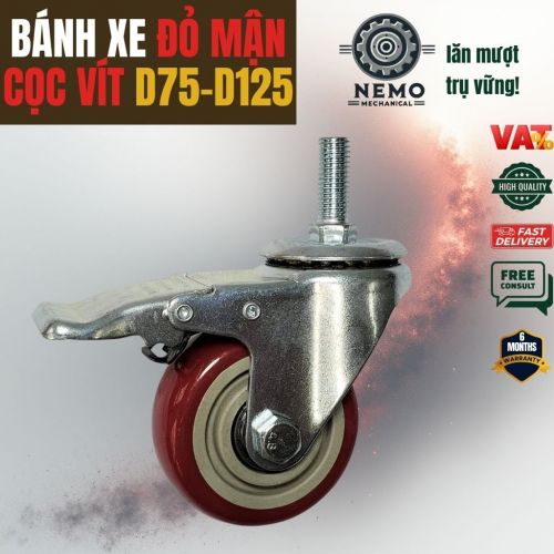 Bánh Xe PVC Đỏ Mận Cọc Vít M12 (D75, D100, D125)