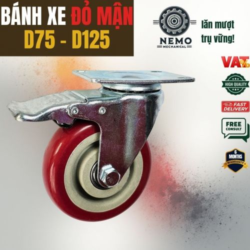 Bánh Xe Đẩy PVC Đỏ Mận – Càng Thép Dày 2.3mm (D75, D100, D125)