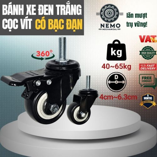 Bánh Xe Đẩy Hàng Cọc Vít Đen Trắng – Nhựa PVC, Chân Ren M8/M10/M12 (D40, D50, D63)
