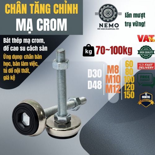 Chân Tăng Chỉnh Bát Thép Mạ Crom – Thẩm Mỹ Cao, Chống Rỉ Sét & Cân Bằng Thiết Bị (M8, M10, M12)