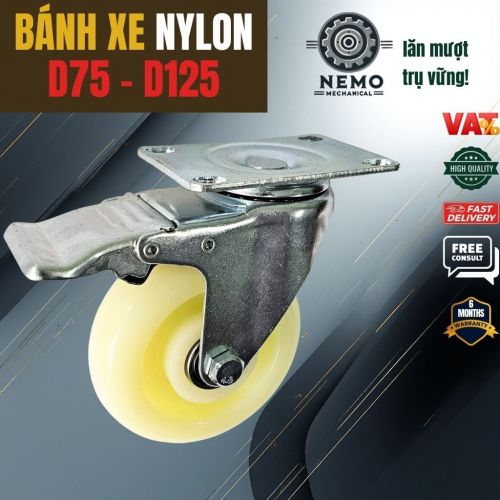 Bánh Xe Nylon Trắng Chịu Tải – Chuyên Dụng Kho Lạnh, Phòng Sạch (D75, D100, D125)