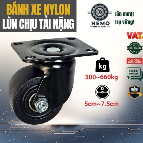 Bánh Xe Nylon Lùn Tải Nặng – Trọng Tâm Thấp, Càng Thép Dày 3mm (D50, D65, D75)