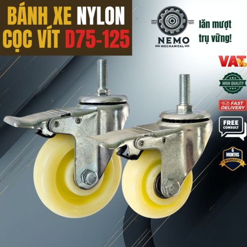 Bánh Xe Nylon Trắng Cọc Vít M12 – Chống Nước, Kháng Hóa Chất (D75, D100, D125)