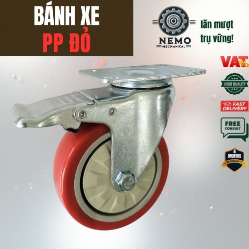 Bánh Xe PP Đỏ Cao Cấp – Nhựa Kỹ Thuật, Ổ Bi 6202 Chịu Tải (D75, D100)