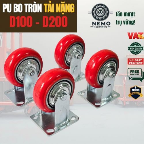Bánh Xe PU Bo Tròn Tải Nặng – Kiểu Hàn Quốc, Xoay Hướng Linh Hoạt (D100 - D200)