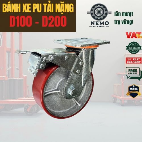 Bánh Xe PU Lõi Sắt Tải Nặng – Khung Càng Thép 5.5mm (D100, D125, D150, D200)