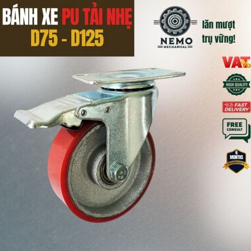 Bánh Xe PU Cốt Sắt Tải Trung – Siêu Bền, Kháng Dầu Mỡ (D75, D100, D125)