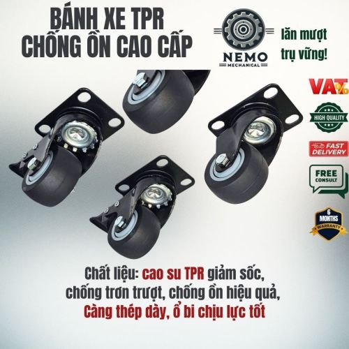 Bánh Xe TPR Chống Ồn Tải Cao – Càng Thép Sơn Tĩnh Điện Đen (D40, D50)