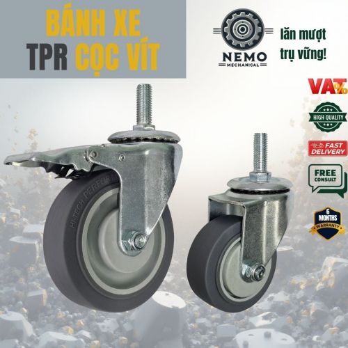 Bánh Xe Cao Su TPR Xám Cọc Vít M12 – Chống Ồn, Giảm Chấn (D75, D100, D125)