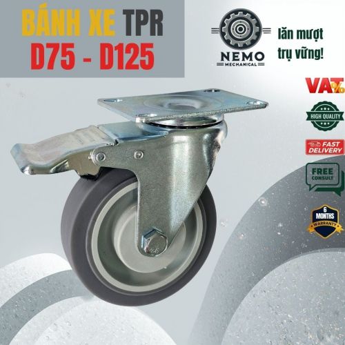 Bánh Xe Cao Su TPR Xám – Giảm Ồn, Bảo Vệ Sàn Tuyệt Đối (D75, D100, D125)