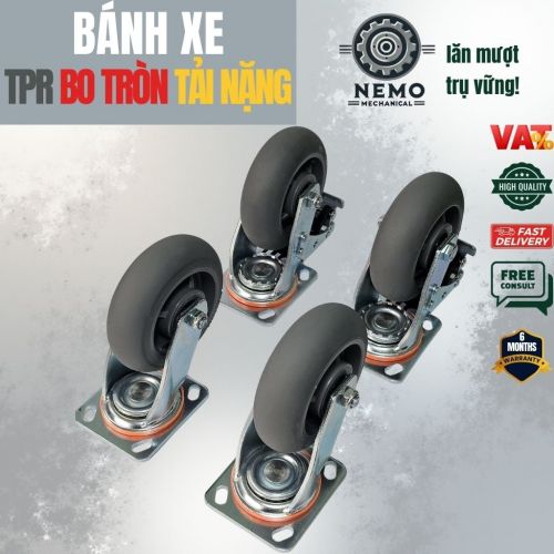 Bánh Xe TPR Bo Tròn Tải Nặng D150 – Siêu Linh Hoạt, Chống Rung & Bảo Về Sàn (Càng 5.5mm)