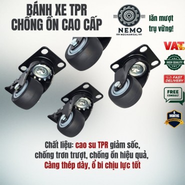 Bánh xe TPR chống ồn, có bạc đạn, tải cao dùng cho xe đẩy di chuyển không gây ồn