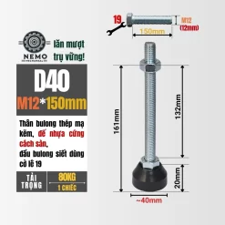 Chân Tăng Chỉnh Đế Nhựa Cứng (M10, M12, M16) chan tang chinh de nhua d40m12l150 - Cơ Khí Nemo