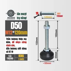 Chân Tăng Chỉnh Đế Nhựa Cứng (M10, M12, M16) chan tang chinh de nhua d50m12l120 - Cơ Khí Nemo