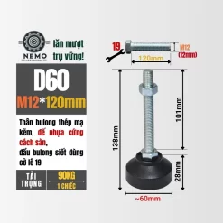 Chân Tăng Chỉnh Đế Nhựa Cứng (M10, M12, M16) chan tang chinh de nhua d60m12l120 - Cơ Khí Nemo