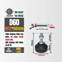 Chân Tăng Chỉnh Đế Nhựa Cứng (M10, M12, M16) chan tang chinh de nhua d60m12l60 - Cơ Khí Nemo