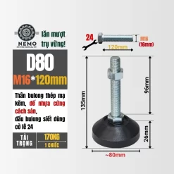 Chân Tăng Chỉnh Đế Nhựa Cứng (M10, M12, M16) chan tang chinh de nhua d80m16l120 - Cơ Khí Nemo