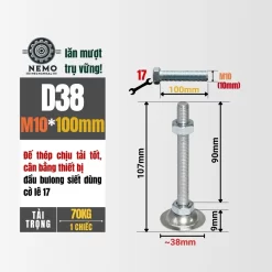 Chân Tăng Chỉnh Đế Thép Mạ Kẽm (M10, M12, M16) chan tang chinh de thep d38m10l100 - Cơ Khí Nemo