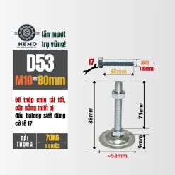 Chân Tăng Chỉnh Đế Thép Mạ Kẽm (M10, M12, M16) chan tang chinh de thep d53m10l80 - Cơ Khí Nemo
