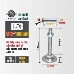 Chân Tăng Chỉnh Đế Thép Mạ Kẽm (M10, M12, M16) chan tang chinh de thep d53m12l100 - Cơ Khí Nemo