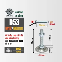 Chân Tăng Chỉnh Đế Thép Mạ Kẽm (M10, M12, M16) chan tang chinh de thep d53m12l80 - Cơ Khí Nemo