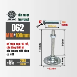 Chân Tăng Chỉnh Đế Thép Mạ Kẽm (M10, M12, M16) chan tang chinh de thep d62m10l100 - Cơ Khí Nemo